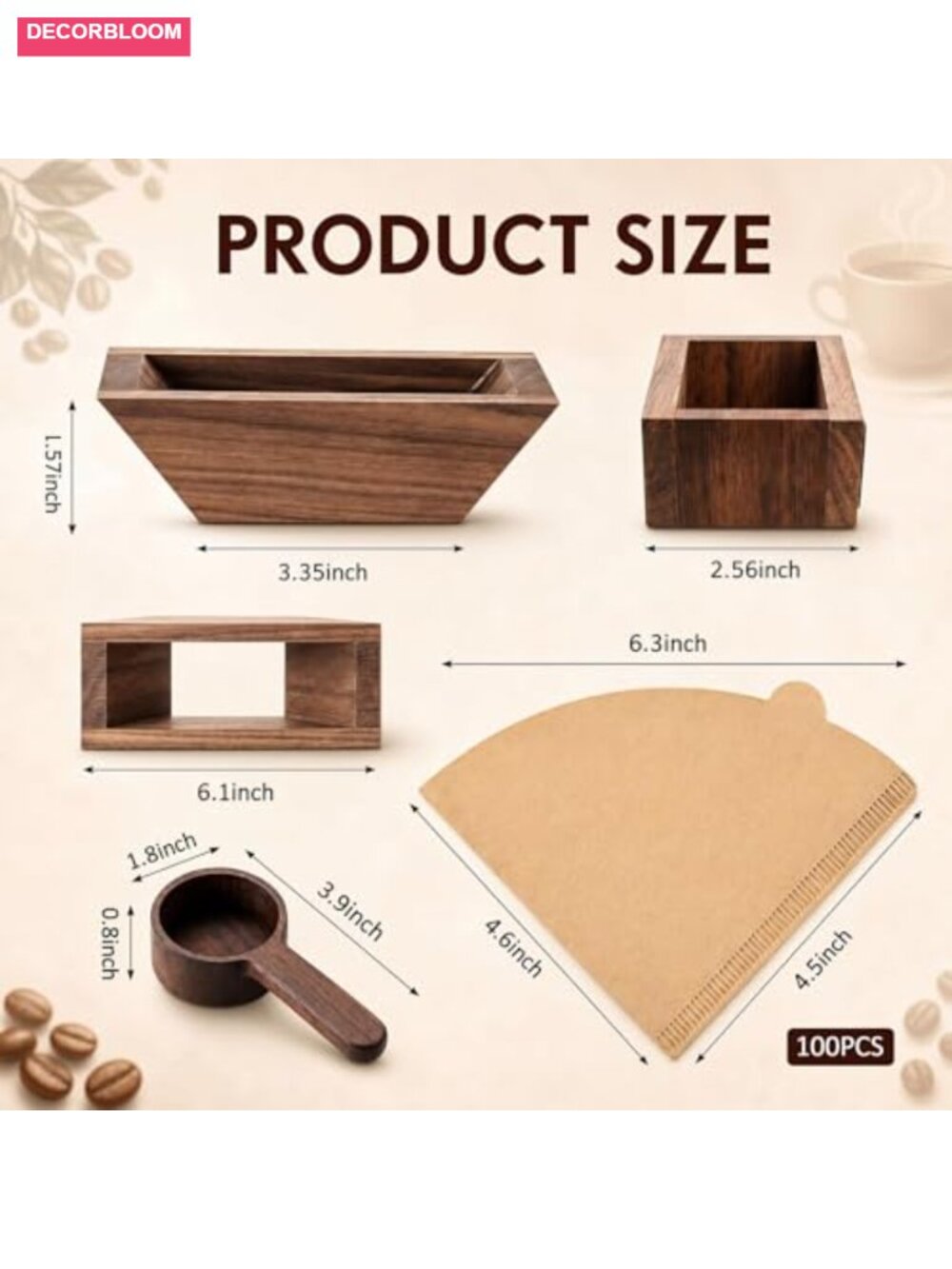 Magnetic Walnut Wood Coffee Filter Holder Set with 100 Filters & Spoon - Picture 2 of 6